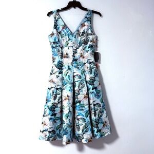 Adrianna Papell Blue and White Floral Midi Dress